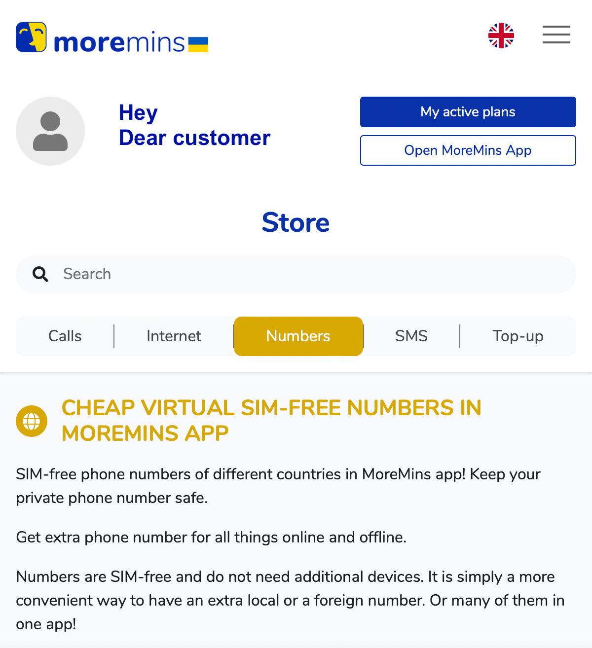 MoreMins store: choose service you want to buy
